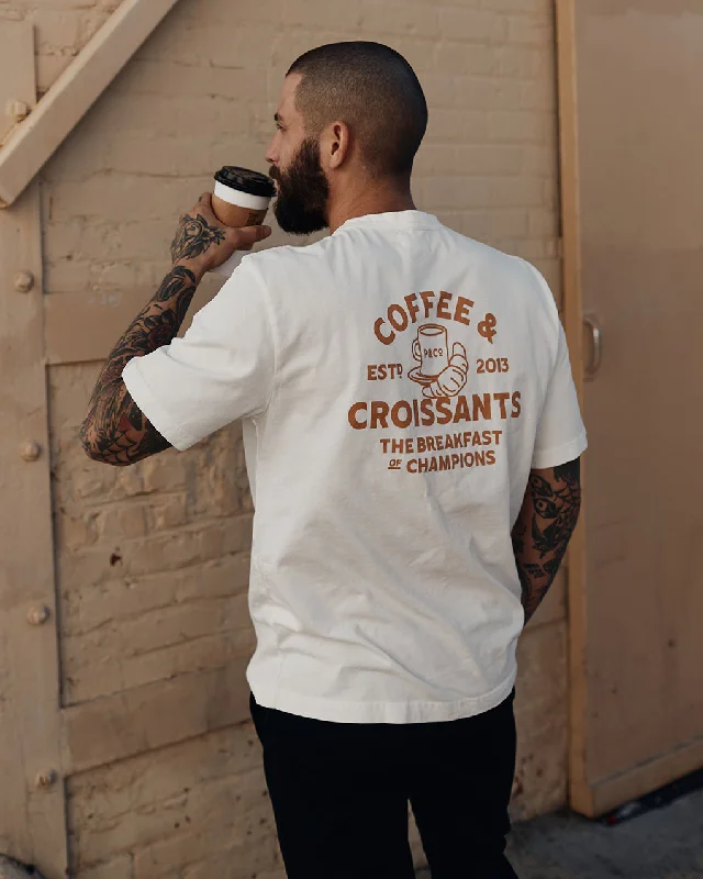 Men's modern fitness t-shirt-Coffee & Croissants T-Shirt - Off White