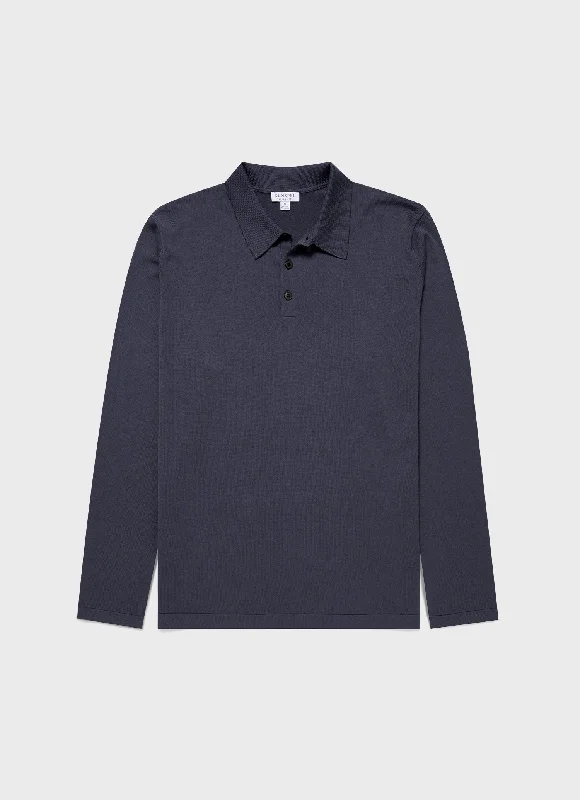 Men's cozy sweater-Men's quick-dry athletic t-shirt-Men's Long Sleeve Sea Island Cotton Polo Shirt in Slate Blue