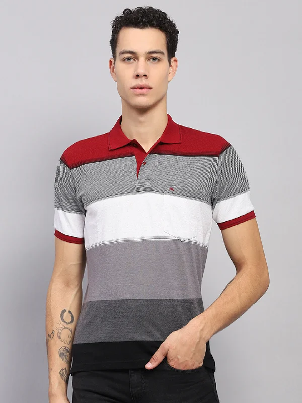 Men's breathable performance t-shirt-Men Maroon & Grey Stripe Collar Half Sleeve T-Shirt