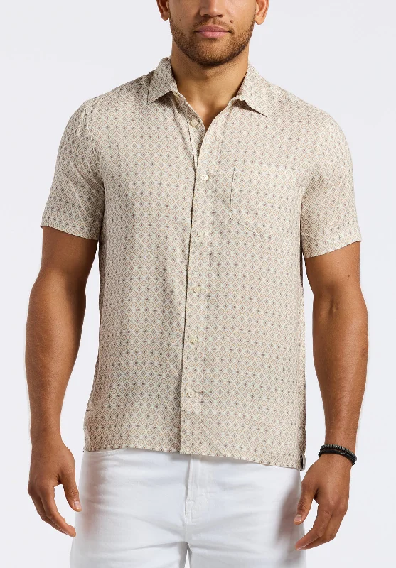 Men's designer shirt-Men's casual athletic wear t-shirt-Sirilo Men's Short Sleeve Button-Up Fitted Shirt with Geometric Print, Milk - BM24652