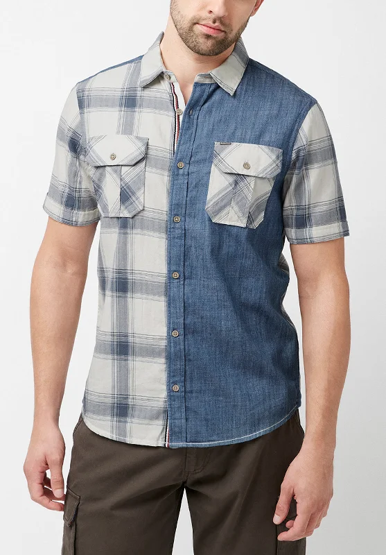 Men's organic shirt-Men's gym performance t-shirt-Sage Men's Short Sleeves Shirt in Plaid and Denim Blue Combo - BM23882