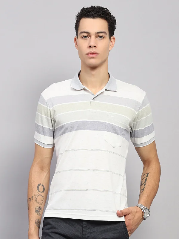 Men's organic athletic t-shirt-Men Grey Stripe Collar Half Sleeve T-Shirt