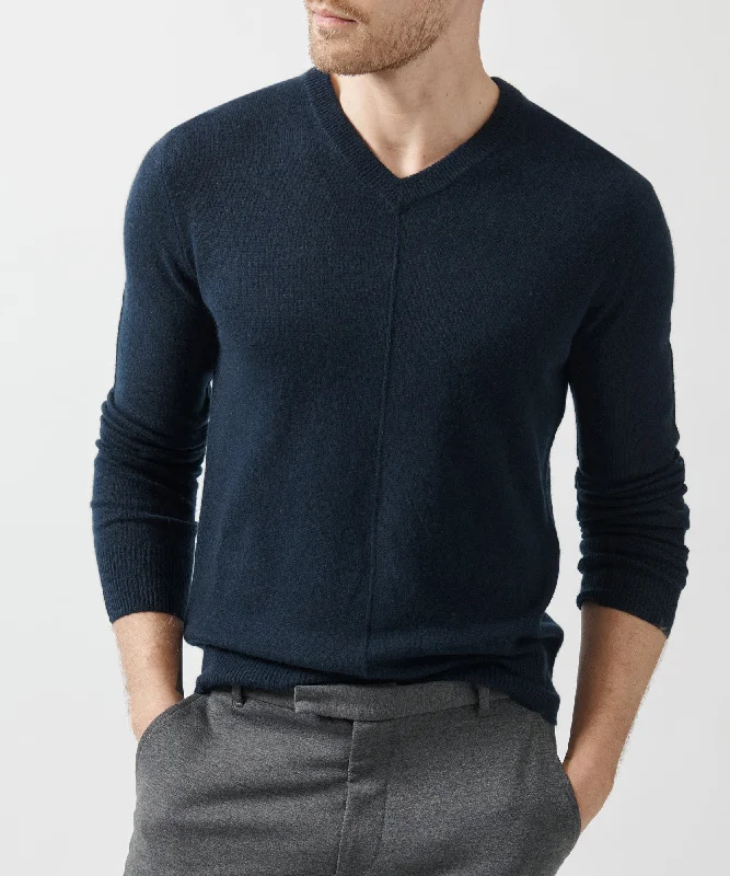 Men's bamboo sweater-Men's fashion-forward activewear t-shirt-Recycled Cashmere Exposed Seam V-Neck Sweater - Midnight