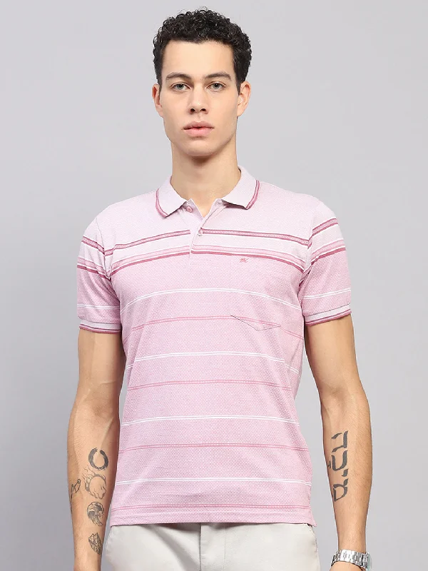 Men's high-performance workout t-shirt-Men Pink Stripe Collar Half Sleeve T-Shirt