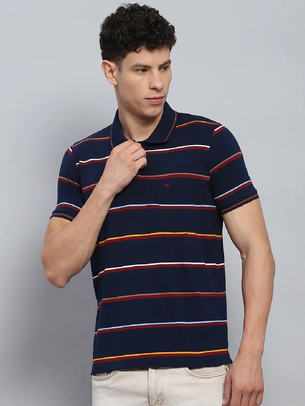 Men's ultra-breathable gym t-shirt-Men Navy Blue Stripe Collar Half Sleeve T-Shirt