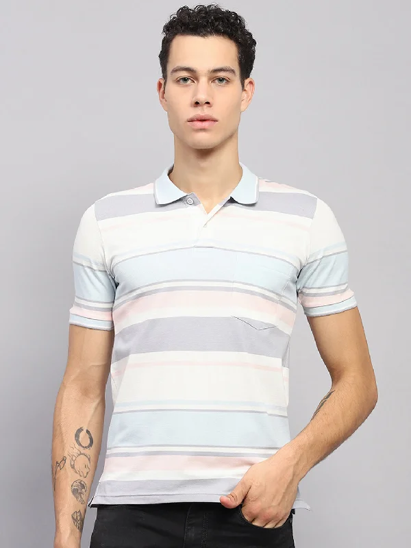 Men's quick-dry athletic t-shirt-Men Blue & White Stripe Collar Half Sleeve T-Shirt