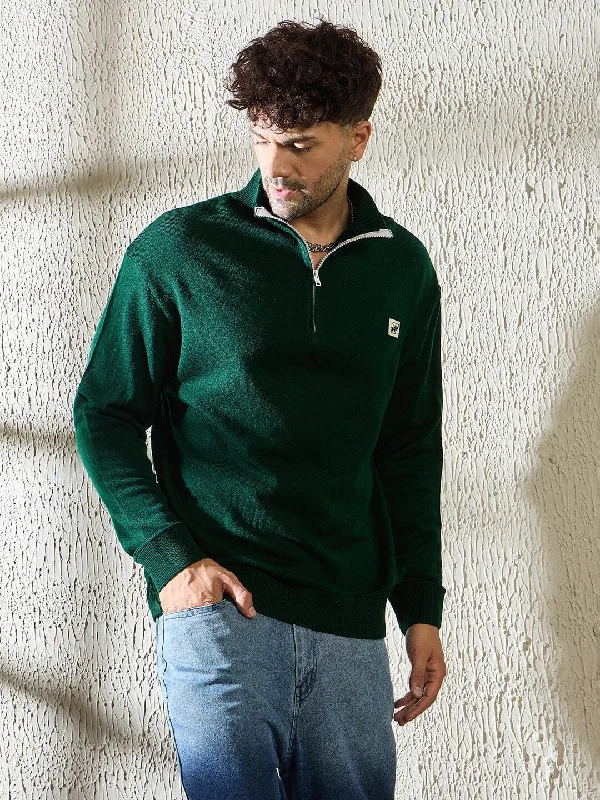 Men's adventure knitwear-Men's comfortable exercise t-shirt-Green Turtleneck Quarter Zip Sweater