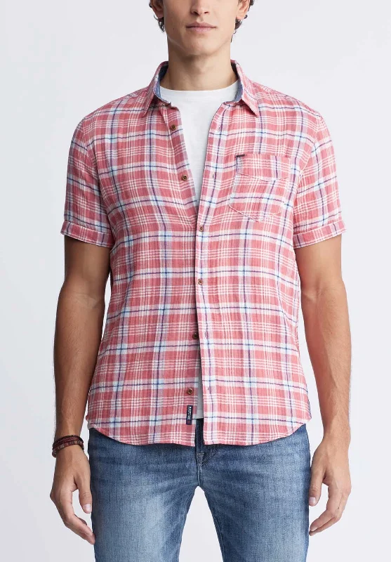 Men's striped shirt-Men's comfortable exercise t-shirt-Sirilo Men’s Plaid Short-Sleeve Shirt in Red - BM24283