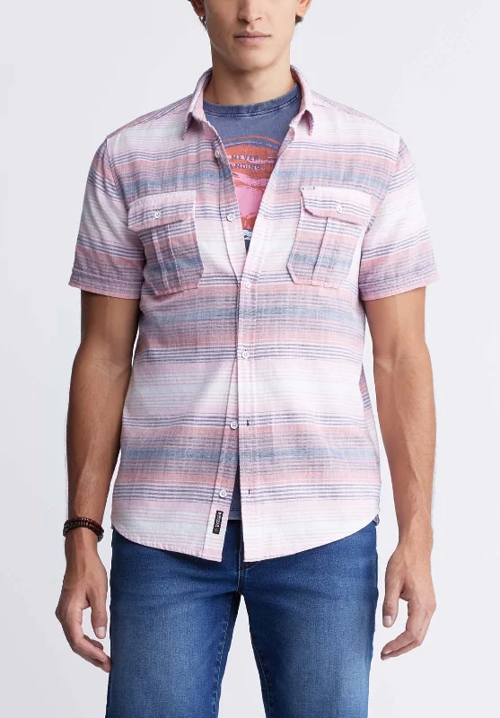 Men's printed shirt-Men's eco-friendly gym t-shirt-Siboa Men's Short-Sleeve Striped Shirt in White & Pink - BM24303