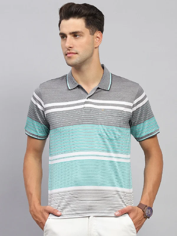 Men's breathable performance t-shirt-Men Grey & Green Stripe Collar Half Sleeve T-Shirt