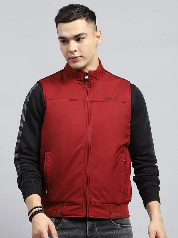 Men's concert jacket-Men's versatile fitness t-shirt-Men Maroon Solid Mock Neck Sleeveless Jacket