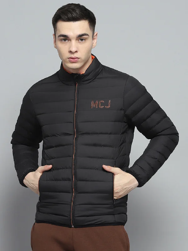 Men's festival jacket-Men's ultra-breathable gym t-shirt-Men Black Solid Mock Neck Full Sleeve Jacket