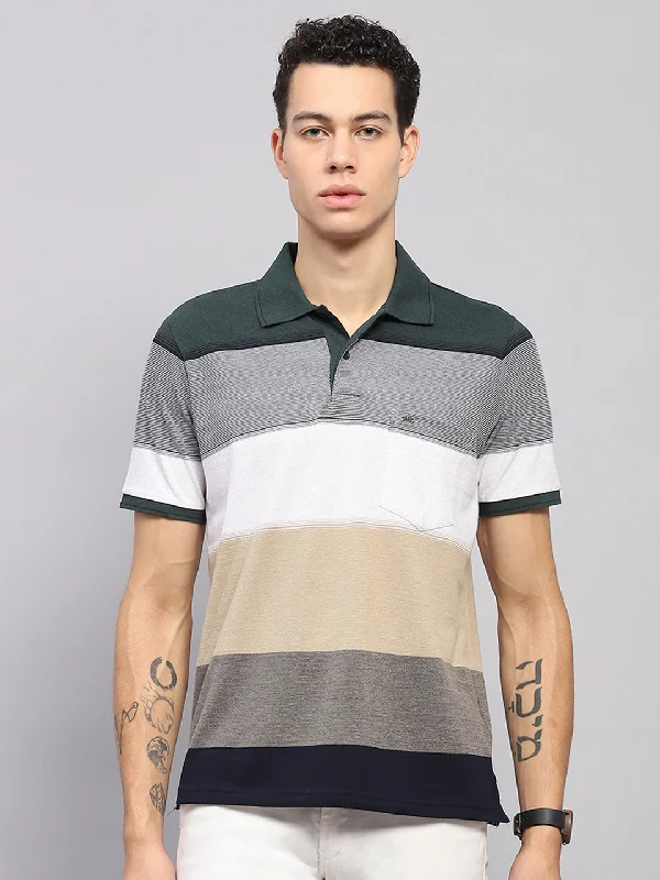 Men's casual athletic wear t-shirt-Men Green Stripe Collar Half Sleeve T-Shirt