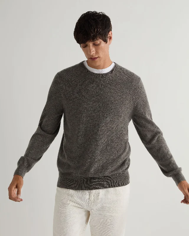 Men's recycled fabric sweater-Men's performance sports t-shirt-Men's Oxford Round Neck Cashmere Sweater Wood Smoke Brown