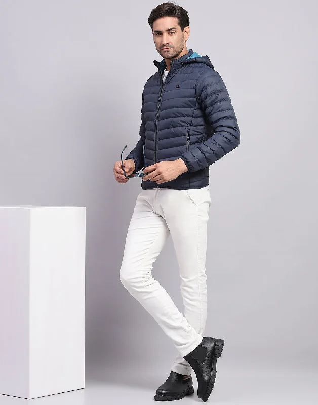 Men's winter jacket-Men's relaxed fit performance t-shirt-Men Navy Blue Solid Hooded Full Sleeve Jacket