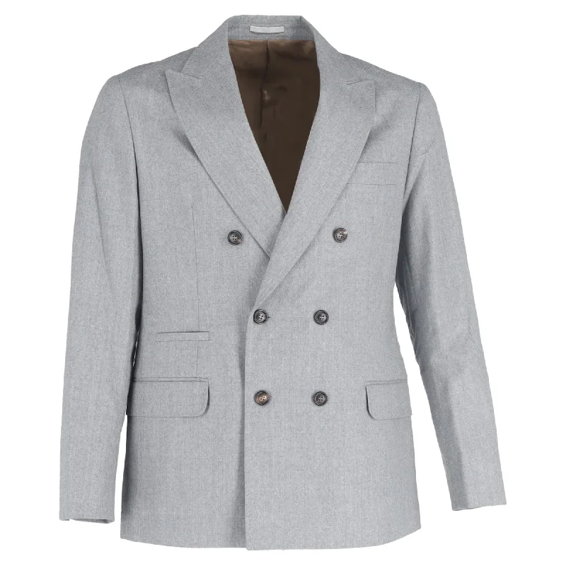 Men's field jacket-Men's active lifestyle t-shirt-Brunello Cucinelli Double-Breasted Blazer with Pockets in Grey Wool