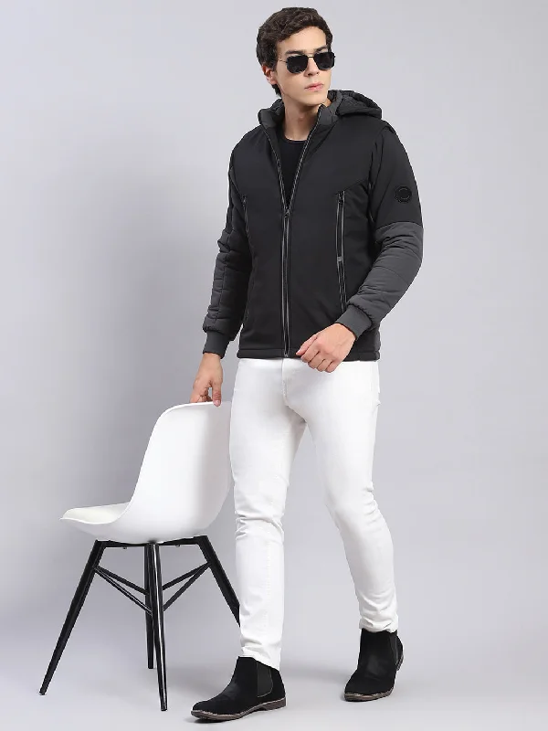 Men's work jacket-Men's sustainable athletic t-shirt-Men Black Solid Hooded Full Sleeve Jackets