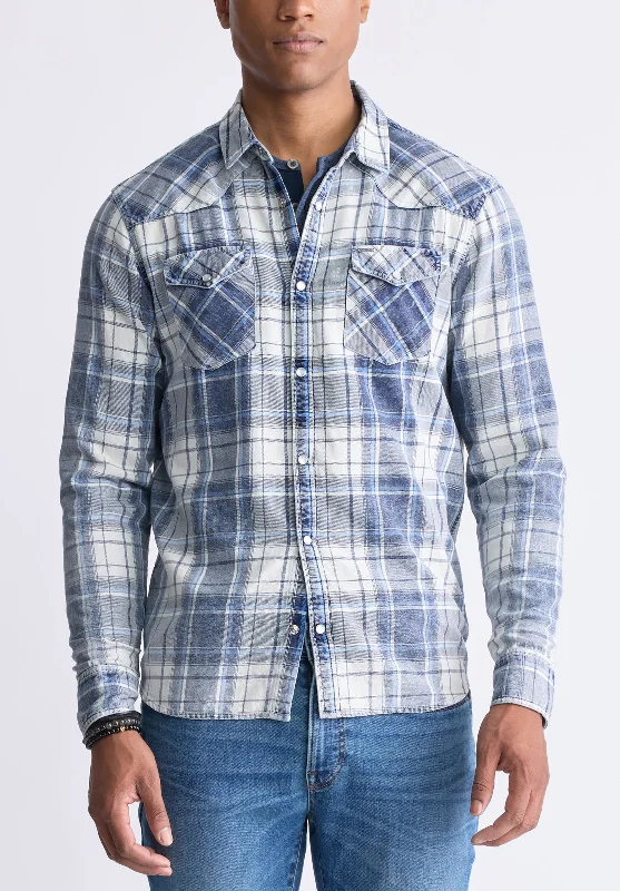 Men's relaxed fit shirt-Men's active lifestyle t-shirt-Sierra Men's Long-Sleeve Plaid Shirt, White & Mirage Blue - BM24465