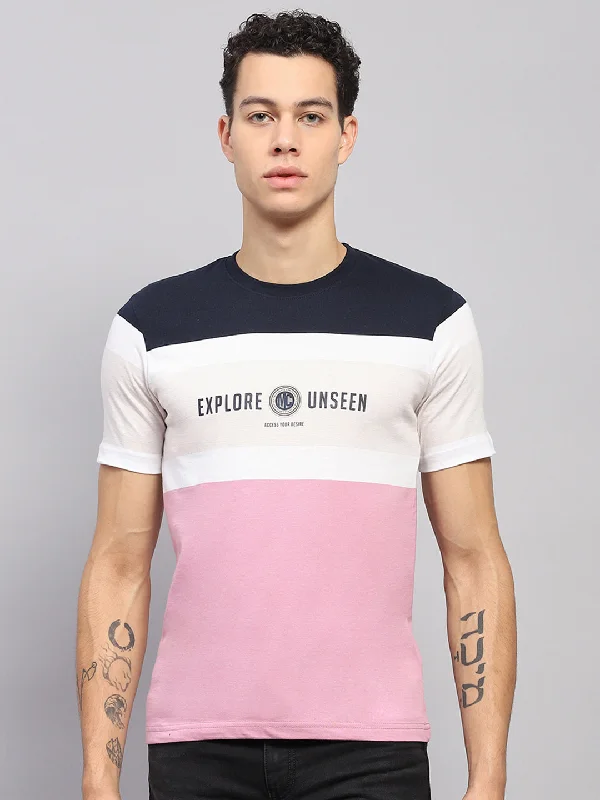 Men's active lifestyle t-shirt-Men White & Pink Stripe Round Neck Half Sleeve T-Shirt