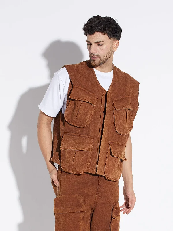 Men's vegan jacket-Men's modern fitness t-shirt-Brown Wash Denim Utility Sleeveless Jacket