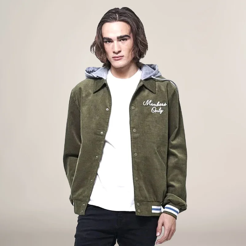 Men's blazer jacket-Men's premium workout t-shirt-Men's Corduroy Varsity Jacket with Hood