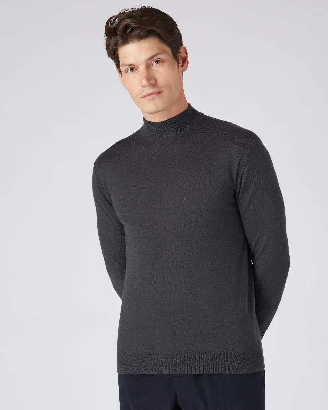 Men's affordable sweater-Men's versatile fitness t-shirt-Men's Fine Gauge Cashmere Mock Turtle Neck Sweater Flint Grey