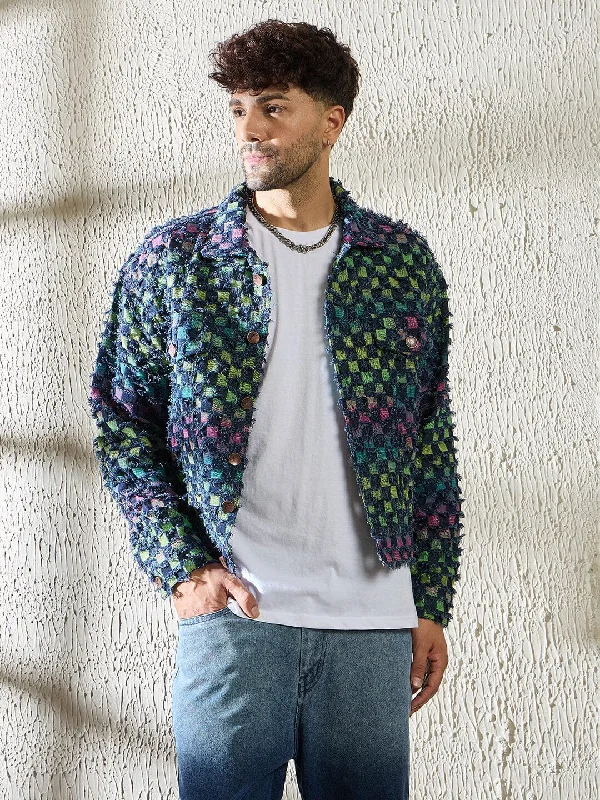 Men's classic jacket-Men's gym performance t-shirt-Rainbow Frayed Jacquard Cropped Denim Jacket