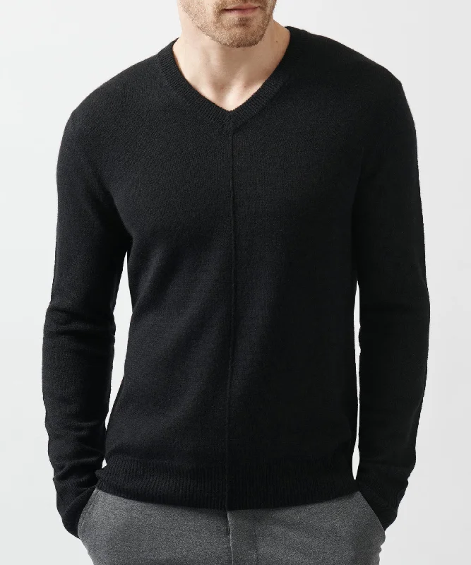 Men's high-end sweater-Men's organic athletic t-shirt-Recycled Cashmere Exposed Seam V-Neck Sweater - Black