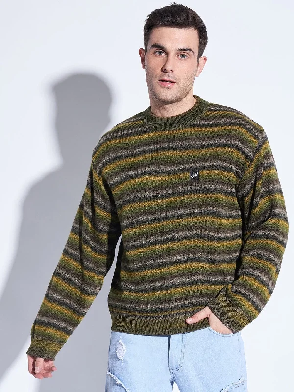 Men's club knit-Men's breathable performance t-shirt-Olive Striped Oversized Sweater