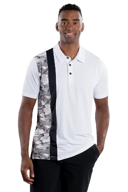 Men's high-stretch office polo shirt-Men's performance sports t-shirt-Trey White Black/Camo Vertical Stripe Polo - FINAL SALE