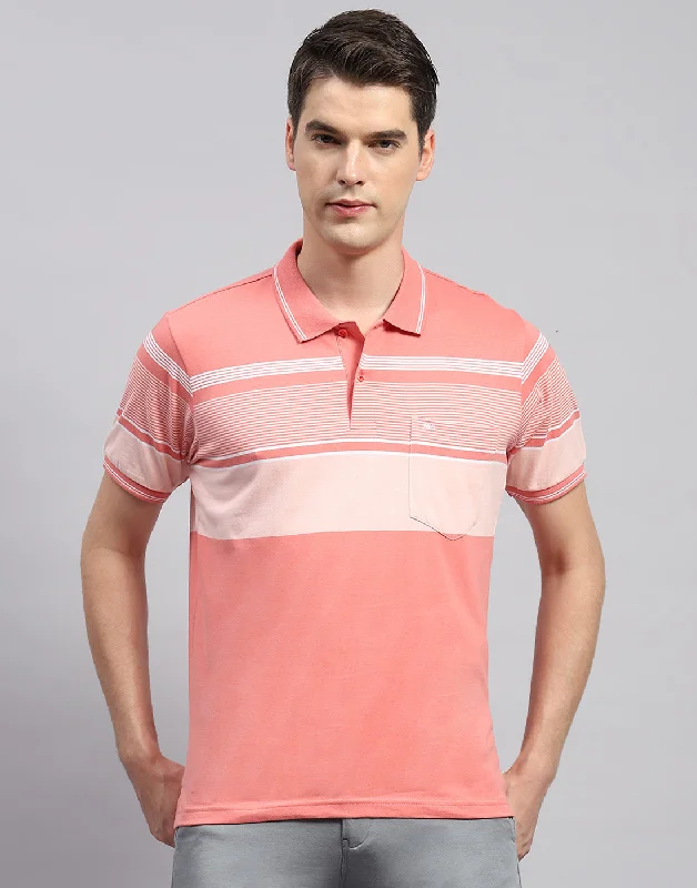 Men's comfortable exercise t-shirt-Men Pink Stripe Collar Neck Half Sleeve T-Shirt