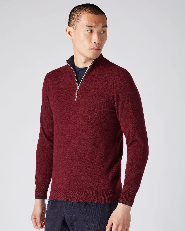 Men's fair trade sweater-Men's sporty exercise t-shirt-Men's The Carnaby Half Zip Cashmere Sweater Shiraz Melange Red