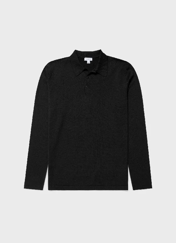 Men's active knit-Men's comfortable exercise t-shirt-Men's Sea Island Cotton Long Sleeve Polo Shirt in Black