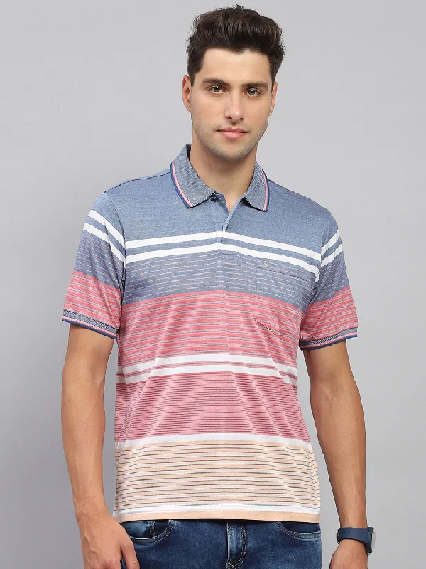 Men's relaxed fit performance t-shirt-Men Pink & Blue Stripe Collar Half Sleeve T-Shirt