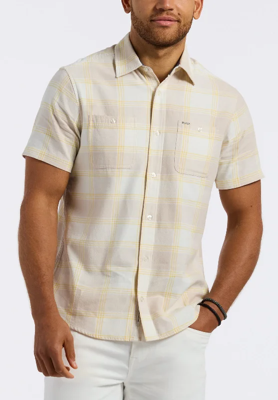 Men's sustainable shirt-Men's fashion-forward activewear t-shirt-Sagrino Men's Short-Sleeve Plaid Button-Up Fitted Shirt with Chest Pockets, Milk - BM24553