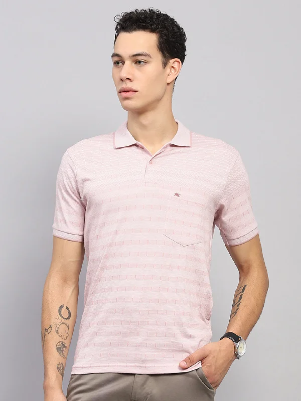 Men's relaxed fit performance t-shirt-Men Pink Stripe Collar Half Sleeve T-Shirt