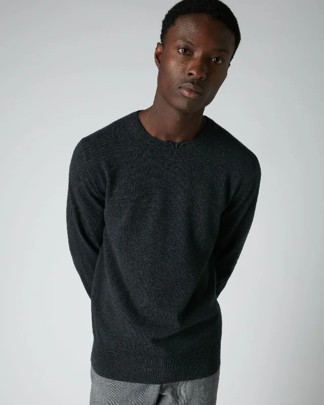 Men's pullover sweater-Men's sporty exercise t-shirt-Men's Oxford Round Neck Cashmere Sweater Dark Charcoal Grey