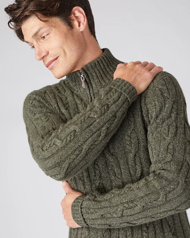 Men's premium sweater-Men's ultra-breathable gym t-shirt-Men's Textured Cable Half Zip Cashmere Sweater Moss Green