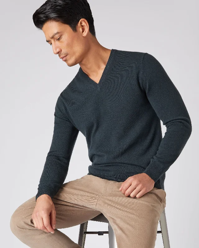 Men's ethical sweater-Men's relaxed fit performance t-shirt-Men's The Burlington V Neck Cashmere Sweater Grigio Blue