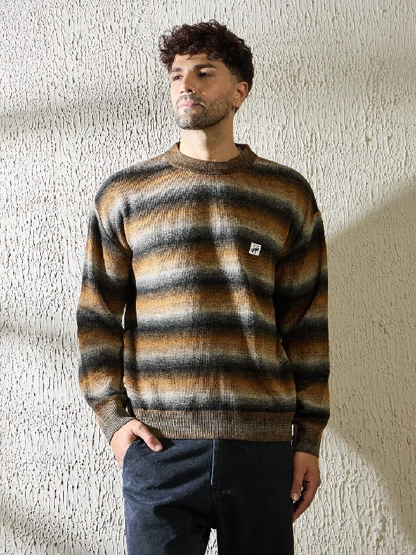 Men's athletic sweater-Men's gym performance t-shirt-Brown Striped Oversized Sweater