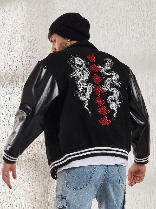 Men's snap button jacket-Men's performance sports t-shirt-Black Dragon Embroidery Varsity Jacket