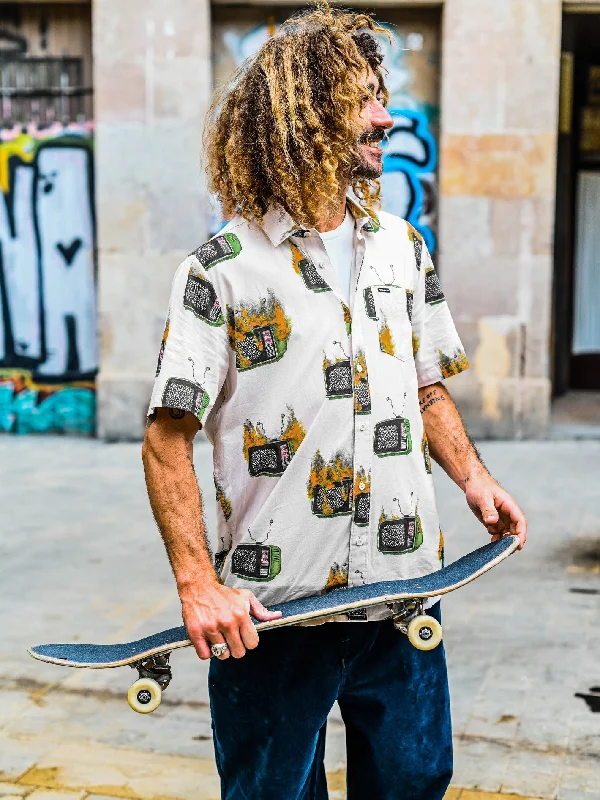 Men's festive shirt-Men's relaxed fit performance t-shirt-Featured Artist Justin Hager Woven Short Sleeve Shirt - Whitecap Grey