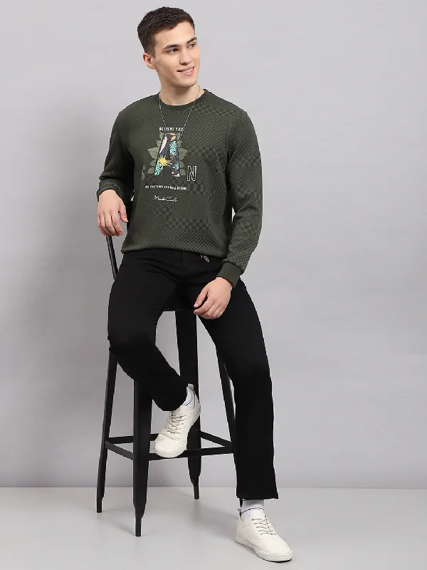 Men's comfortable exercise t-shirt-Men Green Printed Round Neck Full Sleeve T-Shirt