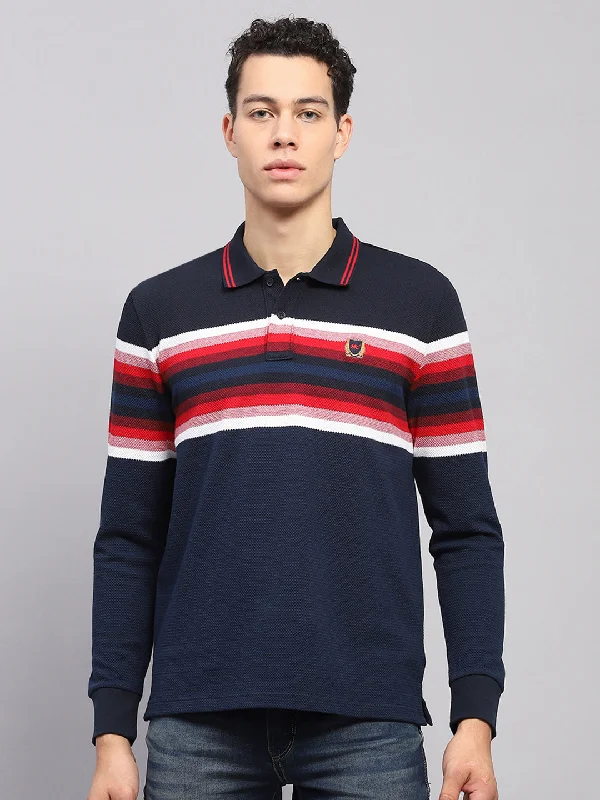 Men's organic athletic t-shirt-Men Navy Blue Stripe Collar Full Sleeve Winter T-Shirt