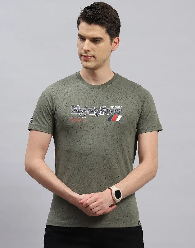 Men's comfortable exercise t-shirt-Men Olive Printed Round Neck Half Sleeve T-Shirt