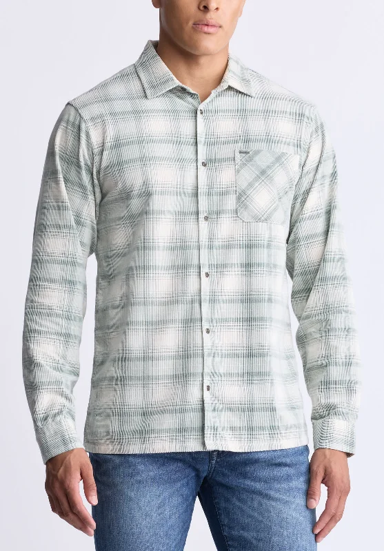 Men's silk shirt-Men's performance sports t-shirt-Satro Men's Plaid Button-Up Shirt, Green - BM24498