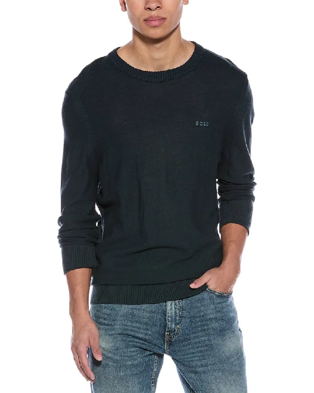 Men's lightweight sweatshirt-Men's summer fitness t-shirt-BOSS Hugo Boss Avac Wool-Blend Crewneck Sweater