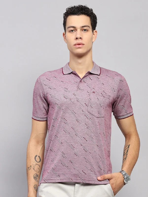 Men's modern fitness t-shirt-Men Burgundy Printed Collar Half Sleeve T-Shirt