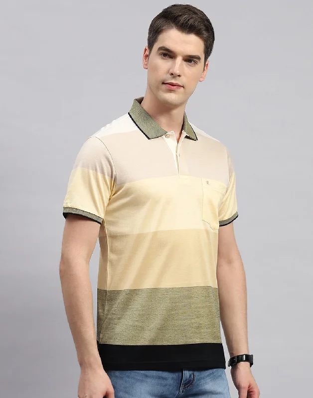 Men's durable sports t-shirt-Men Beige Stripe Collar Neck Half Sleeve T-Shirt