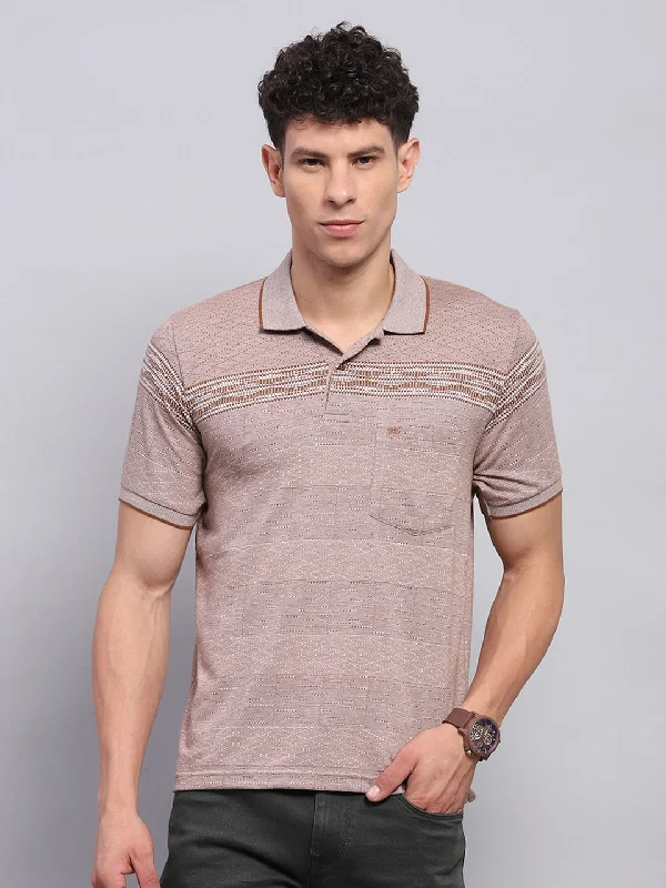 Men's lightweight athletic wear t-shirt-Men Brown Stripe Collar Half Sleeve T-Shirt